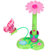 A pink flower toy on a tall green stalk with a cute pink butterfly.