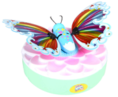 A teal butterfly toy with rainbow wings.