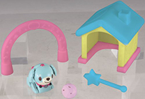 A cute house, ball, star wand, and a pink archway.