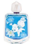 A pretty bottle holds blue and white flowers. The Alolan Pokemon vulpix is held inside.