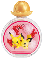 A little bottle with a golden, flower-shaped cap filled with red berries and flowers. Inside are a playful pikachu and pichu.