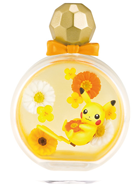 A pretty bottle full of orange and yellow flowers. A little pikachu is holding oen of them while resting on it's back with a smile.