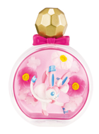 A beautiful bottle filled with pink and white flowers. The Pokemon Sylveon is frolicking inside.