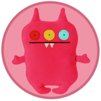 A pink monster with three different colored eyes. Yes, all three of them.