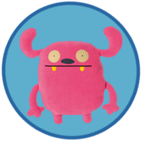 A pink monster with two rounded teeth.
