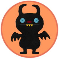 A black monster with bat wings and three pointy teeth.