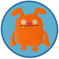 An orange monster with long arms and a pink nose.
