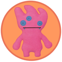A pink monster with three tufts on her head and three blue eyes.