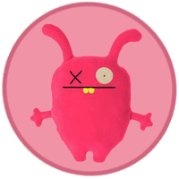 A pink monster with an X for one of his eyes.