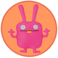 A pink monster with long bunny ears standing straight up.