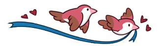 Two birds flying off with a blue ribbon.