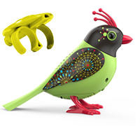 A green DigiBird with a black head next to a yellow whistle.