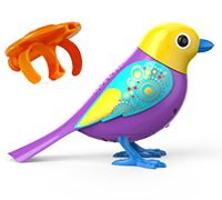 A yellow and purple DigiBird with an orangle whistle.