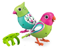 Two pretty DigiBirds next to a green whistle.