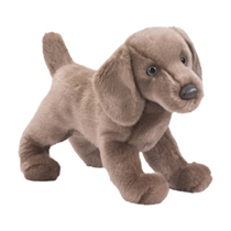 A gray dog plush with short fur.