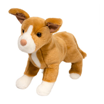 A tan dog plush with a pink nose.