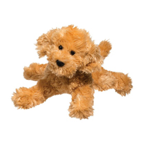 An adorable brown labradoodle laying down.