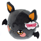 A round black bat plush with orange eyes.