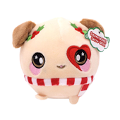 A round dog plush wearing a candy cane scarf.