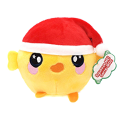 A round yellow chick plush wearing a santa hat.