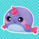 A round purple narwhal plush.