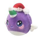 A round purple narwhal plush wearing a santa hat.