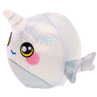 A silvery narwhal with rosy cheeks.