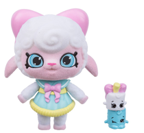 A smiling white lamb wearing a pastel outfit.